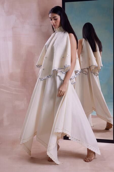 Shwetanga White Cotton Embroidery, Pearls High Neck Floral Work Scarf Top And Sharara Set Online at Aza Fashions Shwetanga_White Cotton Embroidery, Pearls High Neck Floral Work Scarf Top And Sharara Set _Online_at_Aza_Fashions