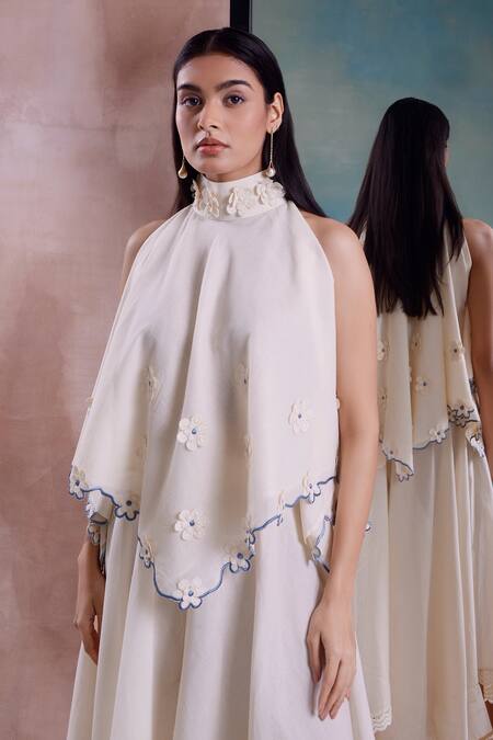 Buy_Shwetanga_White Cotton Embroidery, Pearls High Neck Floral Work Scarf Top And Sharara Set _Online_at_Aza_Fashions