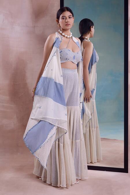 Shwetanga_Ivory Organic Cotton Embroidered Pearl Patchwork Jacket Mesh Sharara Set _Online_at_Aza_Fashions