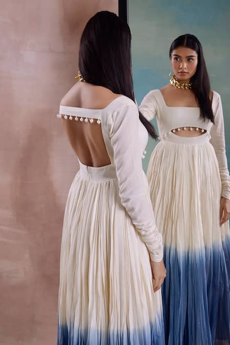 Shop_Shwetanga_Ivory Cotton Pearls, Embroidery Square Neck Ombre Beaded Kalidaar With Dupatta _at_Aza_Fashions