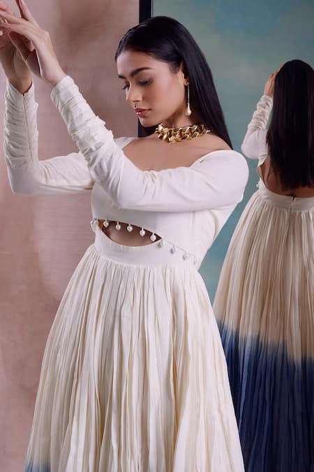 Shwetanga_Ivory Cotton Pearls, Embroidery Square Neck Ombre Beaded Kalidaar With Dupatta _Online_at_Aza_Fashions