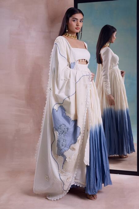 Buy_Shwetanga_Ivory Cotton Pearls, Embroidery Square Neck Ombre Beaded Kalidaar With Dupatta _Online_at_Aza_Fashions