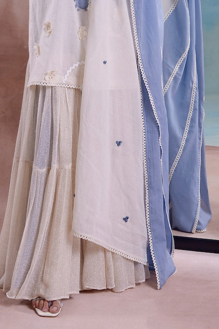 Shwetanga Ivory Cotton, Organza Embroidery, Lace Bloom Garden Applique Kurta Sharara Set Online at Aza Fashions Shwetanga_Ivory Cotton, Organza Embroidery, Lace Bloom Garden Applique Kurta Sharara Set _Online_at_Aza_Fashions