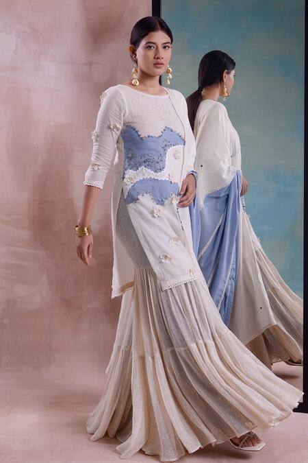 Shop_Shwetanga_Ivory Cotton, Organza Embroidery, Lace Bloom Garden Applique Kurta Sharara Set _Online_at_Aza_Fashions