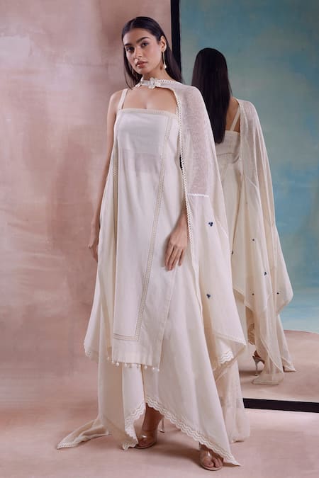 Buy_Shwetanga_Ivory Cotton Lace, Tassels Square Embellished Layered Kurta Asymmetric Pant Set _Online_at_Aza_Fashions