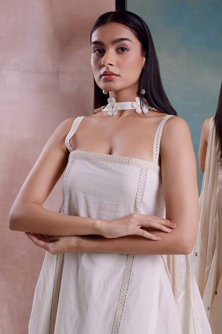 Shwetanga_Ivory Cotton Lace, Tassels Square Embellished Layered Kurta Asymmetric Pant Set _at_Aza_Fashions