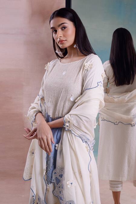 Shop_Shwetanga_Ivory Cotton Cut Work, Beads, Lace, Applique Round Blossom Garden Kurta Set _Online_at_Aza_Fashions