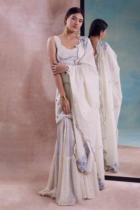 Shwetanga_Ivory Cotton, Polyester, Organza Beads, Lace, Flora Garden Kurta Sharara Set _Online_at_Aza_Fashions
