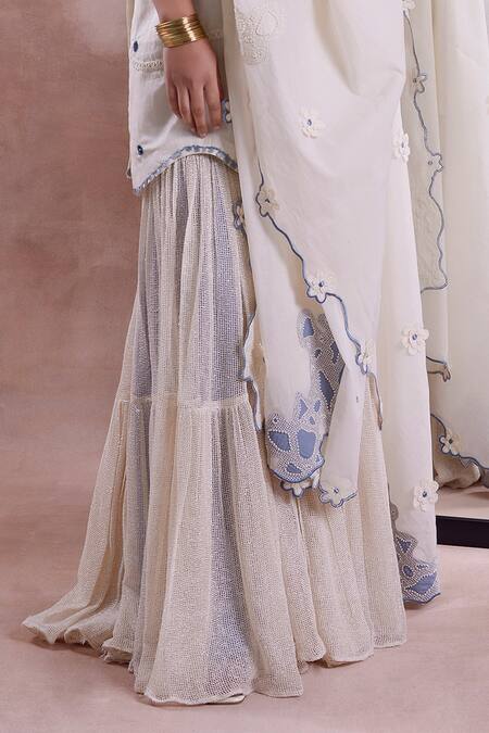 Buy_Shwetanga_Ivory Cotton, Polyester, Organza Beads, Lace, Flora Garden Kurta Sharara Set _Online_at_Aza_Fashions