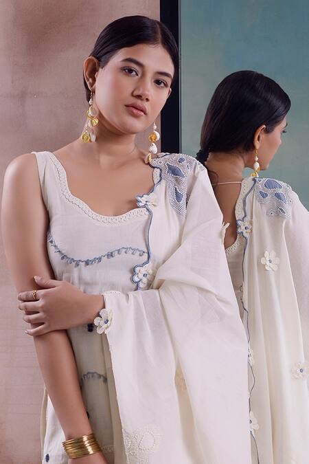 Shop_Shwetanga_Ivory Cotton, Polyester, Organza Beads, Lace, Flora Garden Kurta Sharara Set _Online_at_Aza_Fashions