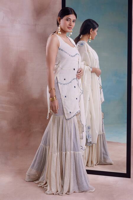 Shwetanga_Ivory Cotton, Polyester, Organza Beads, Lace, Flora Garden Kurta Sharara Set _at_Aza_Fashions