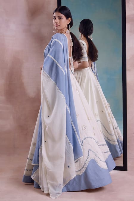 Shop_Shwetanga_Ivory Cotton Lace, Embroidery, Patchwork Round Daisy Bloom Applique Lehenga Set _at_Aza_Fashions