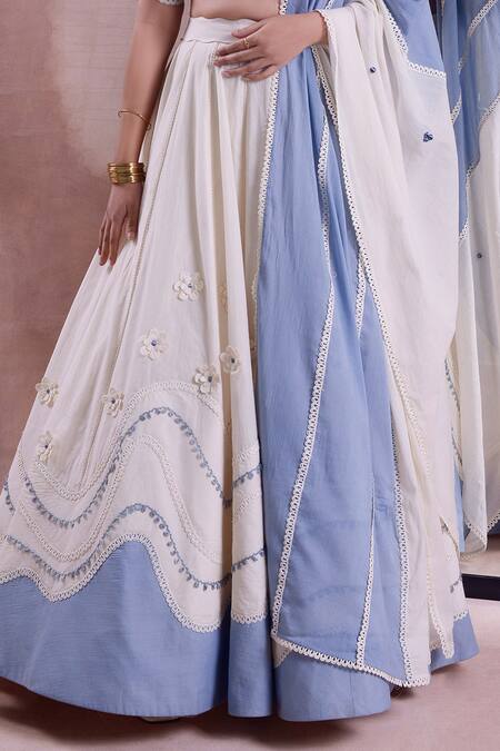 Shwetanga_Ivory Cotton Lace, Embroidery, Patchwork Round Daisy Bloom Applique Lehenga Set _Online_at_Aza_Fashions