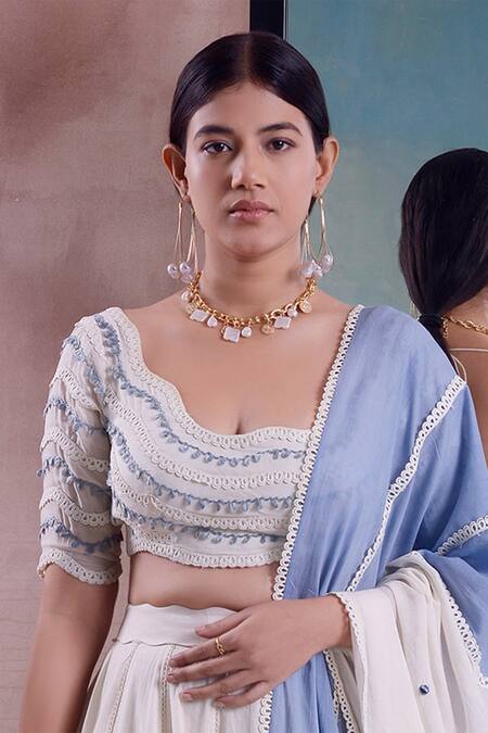 Buy_Shwetanga_Ivory Cotton Lace, Embroidery, Patchwork Round Daisy Bloom Applique Lehenga Set _Online_at_Aza_Fashions