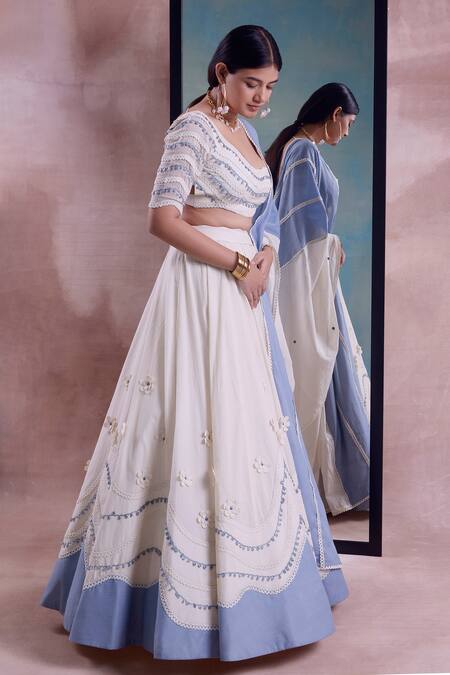 Shop_Shwetanga_Ivory Cotton Lace, Embroidery, Patchwork Round Daisy Bloom Applique Lehenga Set _Online_at_Aza_Fashions