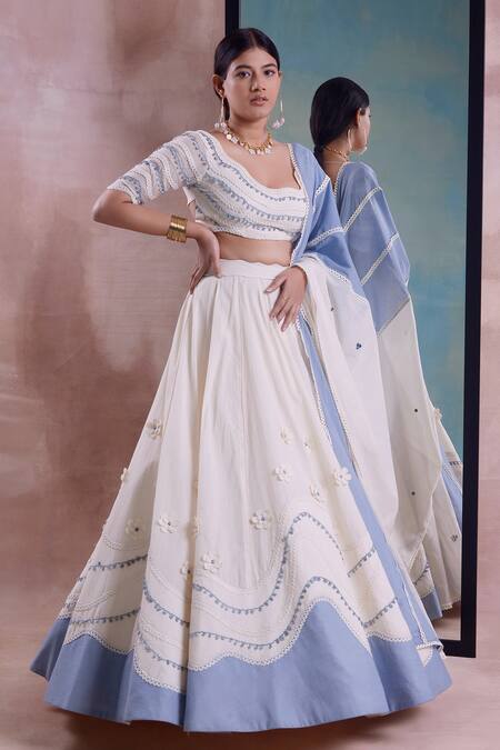 Shwetanga_Ivory Cotton Lace, Embroidery, Patchwork Round Daisy Bloom Applique Lehenga Set _at_Aza_Fashions