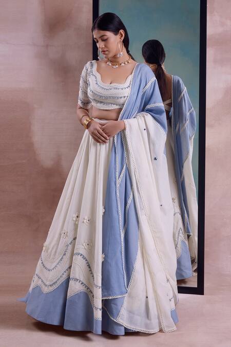 Buy_Shwetanga_Ivory Cotton Lace, Embroidery, Patchwork Round Daisy Bloom Applique Lehenga Set 