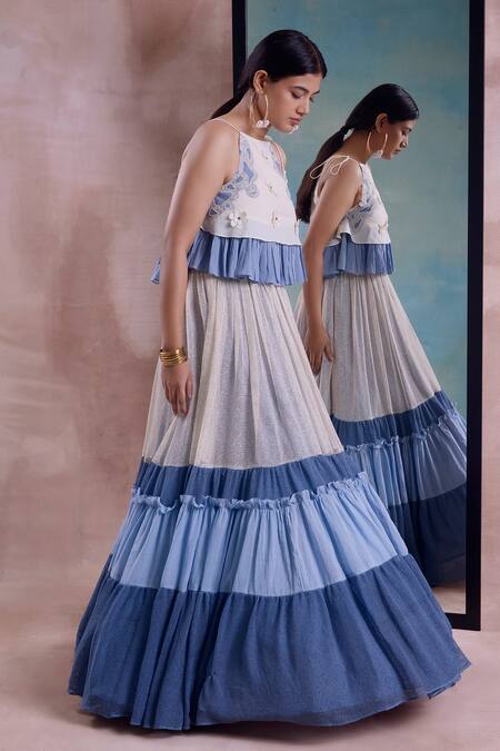 Shop_Shwetanga_Ivory Organza, Cotton, Net Embroidery, Beads Gradient Frilly Layered Lehenga Set _Online_at_Aza_Fashions