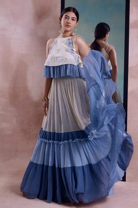 Shwetanga_Ivory Organza, Cotton, Net Embroidery, Beads Gradient Frilly Layered Lehenga Set _at_Aza_Fashions