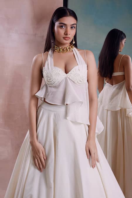 Buy_Shwetanga_Ivory Cotton Beads, Pearls Halter Neck Beaded Floret Peplum Top With Lehenga 