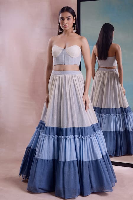 Shwetanga_Ivory Cotton, Net Off-shoulder Mesh Layered Gradient Lehenga Set _Online_at_Aza_Fashions