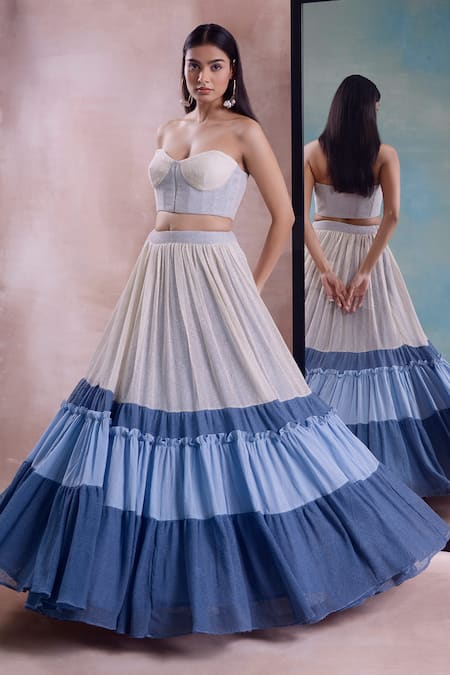 Buy_Shwetanga_Ivory Cotton, Net Off-shoulder Mesh Layered Gradient Lehenga Set _Online_at_Aza_Fashions