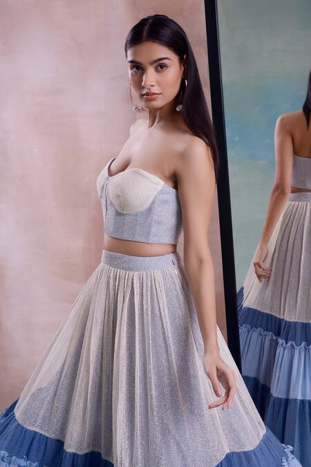 Shop_Shwetanga_Ivory Cotton, Net Off-shoulder Mesh Layered Gradient Lehenga Set _Online_at_Aza_Fashions