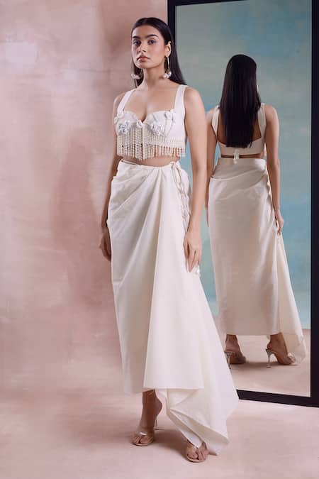Shwetanga_Ivory Cotton Pearls, Floret Tassel Embellished Blouse With Draped Wrap Skirt _Online_at_Aza_Fashions