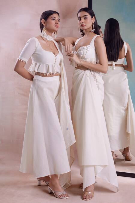 Buy_Shwetanga_Ivory Cotton Pearls, Floret Tassel Embellished Blouse With Draped Wrap Skirt 