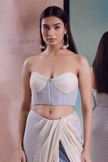 Buy Shwetanga Ivory Cotton Off-shoulder Mesh Draped Slit Skirt With Corset Blouse Online at Aza Fashions Buy_Shwetanga_Ivory Cotton Off-shoulder Mesh Draped Slit Skirt With Corset Blouse _Online_at_Aza_Fashions