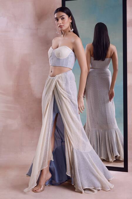 Shop_Shwetanga_Ivory Cotton Off-shoulder Mesh Draped Slit Skirt With Corset Blouse _Online_at_Aza_Fashions