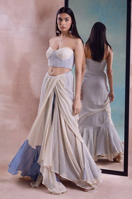 Shwetanga_Ivory Cotton Off-shoulder Mesh Draped Slit Skirt With Corset Blouse _at_Aza_Fashions