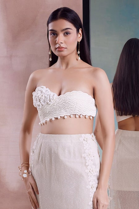Shwetanga Ivory Cotton, Net Applique, Daffodil Lace Mesh Layered Skirt With Bustier Online at Aza Fashions Shwetanga_Ivory Cotton, Net Applique, Daffodil Lace Mesh Layered Skirt With Bustier _Online_at_Aza_Fashions