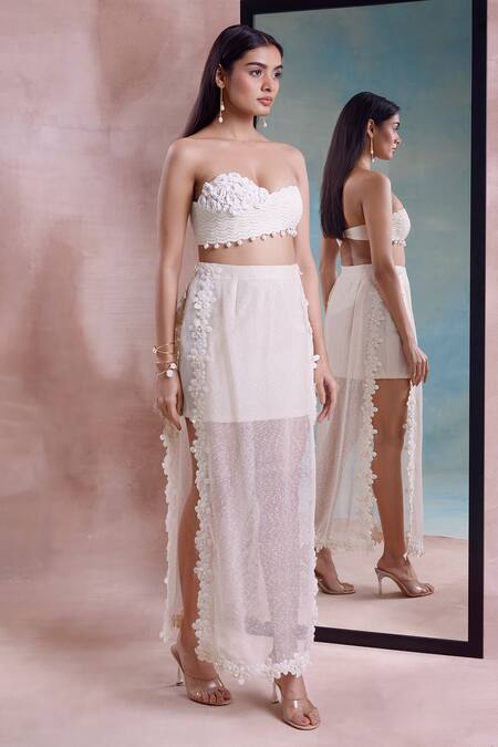 Shop_Shwetanga_Ivory Cotton, Net Applique, Daffodil Lace Mesh Layered Skirt With Bustier _Online_at_Aza_Fashions
