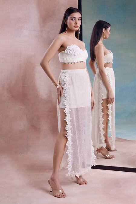 Shwetanga_Ivory Cotton, Net Applique, Daffodil Lace Mesh Layered Skirt With Bustier _at_Aza_Fashions