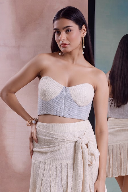 Shwetanga_Ivory Cotton Off-shoulder Mesh Corset Top With Pleated Tie-up Skirt _Online_at_Aza_Fashions