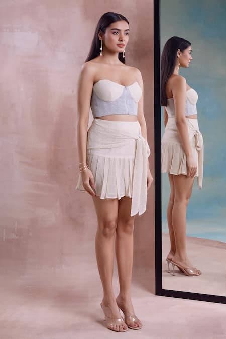 Buy_Shwetanga_Ivory Cotton Off-shoulder Mesh Corset Top With Pleated Tie-up Skirt _Online_at_Aza_Fashions