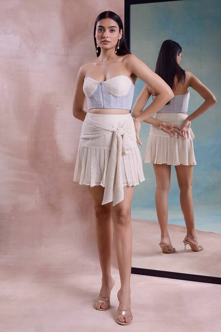 Shop_Shwetanga_Ivory Cotton Off-shoulder Mesh Corset Top With Pleated Tie-up Skirt _Online_at_Aza_Fashions