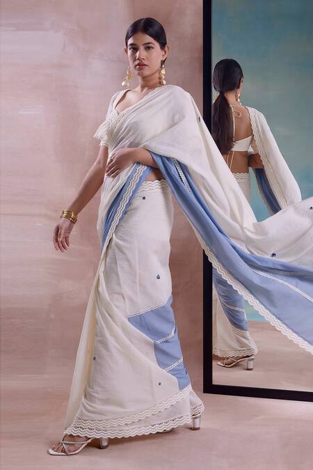 Shwetanga_Ivory Cotton Lace, Embroidery Border Patchwork Saree With Ruffled Blouse _Online_at_Aza_Fashions