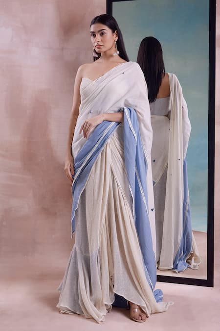 Shwetanga_Ivory Cotton, Chiffon Embroidery Mesh Draped Slit Skirt Corset Blouse Set _Online_at_Aza_Fashions