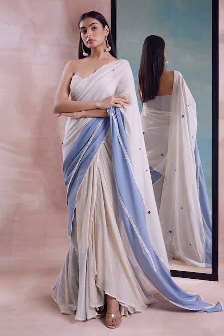 Shwetanga_Ivory Cotton, Chiffon Embroidery Mesh Draped Slit Skirt Corset Blouse Set _at_Aza_Fashions