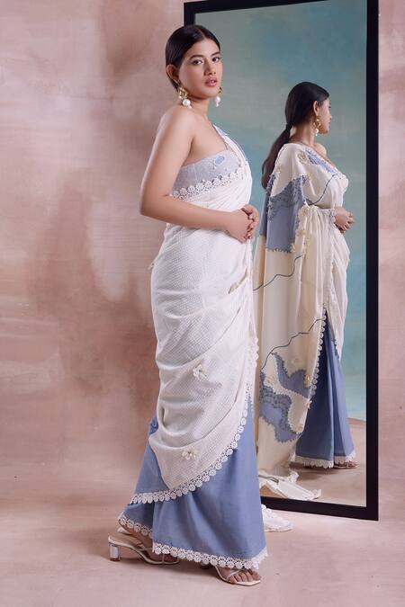 Shwetanga_Ivory Cotton Lace, Applique, Beads Blossom Seersucker Saree With Off Blouse _Online_at_Aza_Fashions