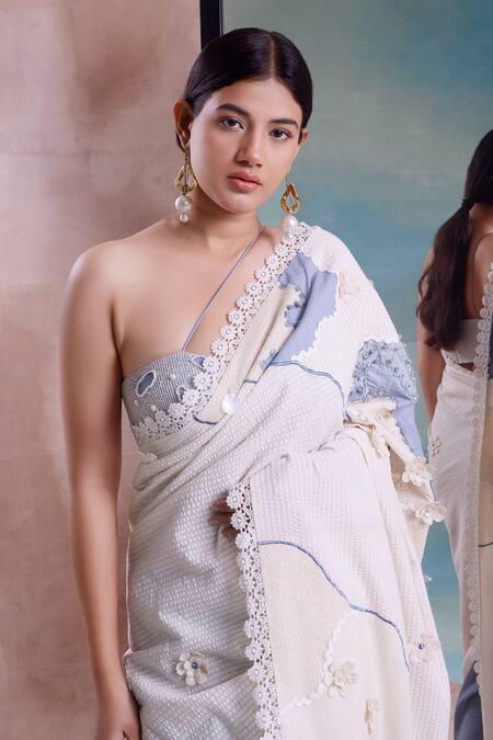 Buy_Shwetanga_Ivory Cotton Lace, Applique, Beads Blossom Seersucker Saree With Off Blouse _Online_at_Aza_Fashions