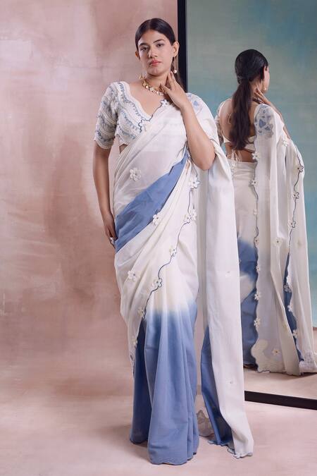 Shwetanga_Ivory Cotton Applique, Embroidery Asymmetric Florin Ombre Saree With Blouse _Online_at_Aza_Fashions