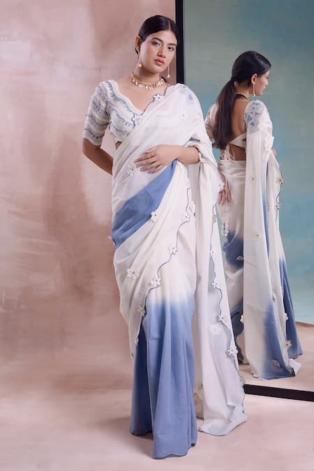 Buy_Shwetanga_Ivory Cotton Applique, Embroidery Asymmetric Florin Ombre Saree With Blouse _Online_at_Aza_Fashions