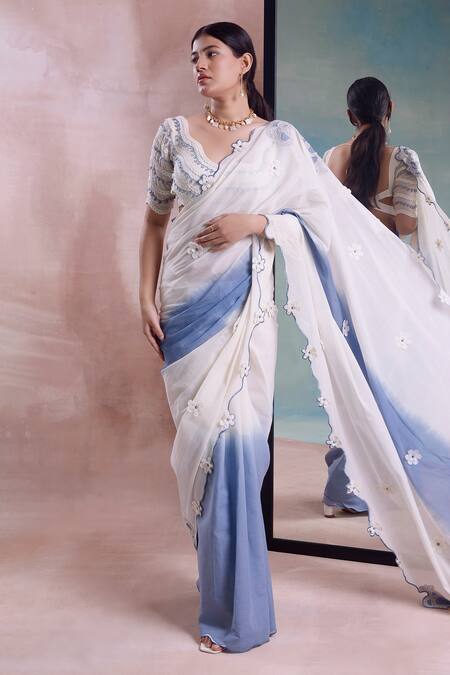 Shop_Shwetanga_Ivory Cotton Applique, Embroidery Asymmetric Florin Ombre Saree With Blouse _Online_at_Aza_Fashions