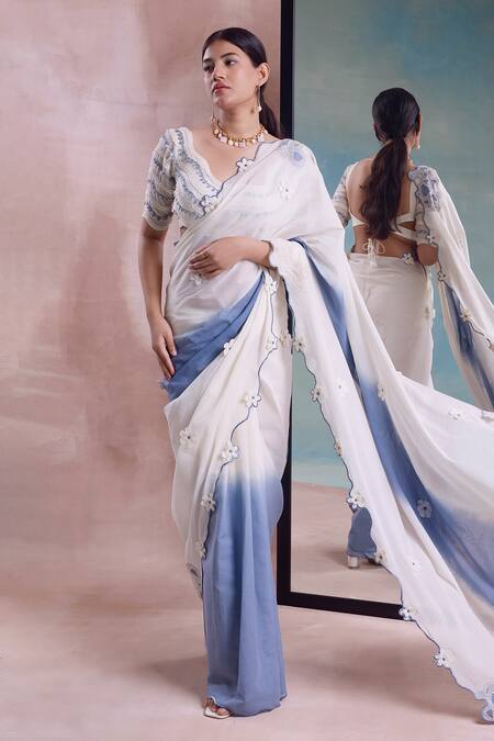Shwetanga_Ivory Cotton Applique, Embroidery Asymmetric Florin Ombre Saree With Blouse _at_Aza_Fashions