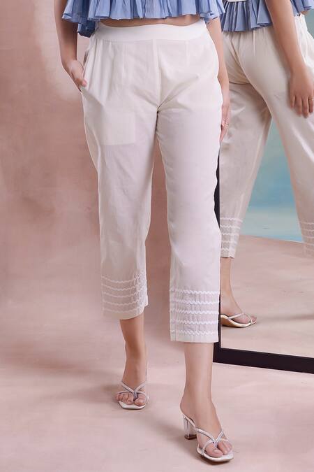 Shwetanga Ivory Cotton Embroidery, Patchwork, Lace Floret Applique Frilly Top With Pant Online at Aza Fashions Shwetanga_Ivory Cotton Embroidery, Patchwork, Lace Floret Applique Frilly Top With Pant _Online_at_Aza_Fashions