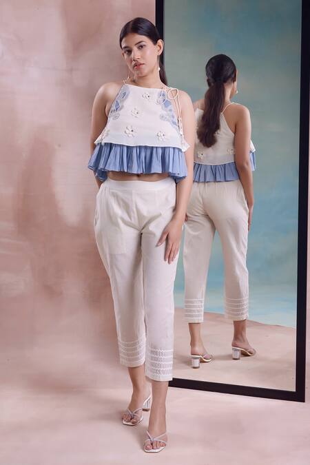 Buy_Shwetanga_Ivory Cotton Embroidery, Patchwork, Lace Floret Applique Frilly Top With Pant _Online_at_Aza_Fashions