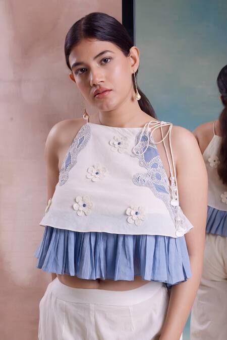 Shop_Shwetanga_Ivory Cotton Embroidery, Patchwork, Lace Floret Applique Frilly Top With Pant _Online_at_Aza_Fashions